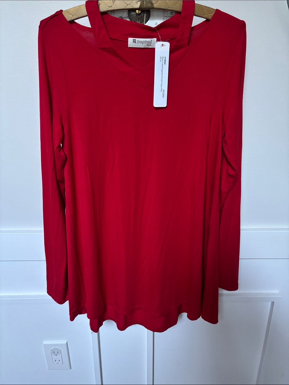 Inspire Red Long-Sleeve V-Neck Top with Shoulder Strap Detail
